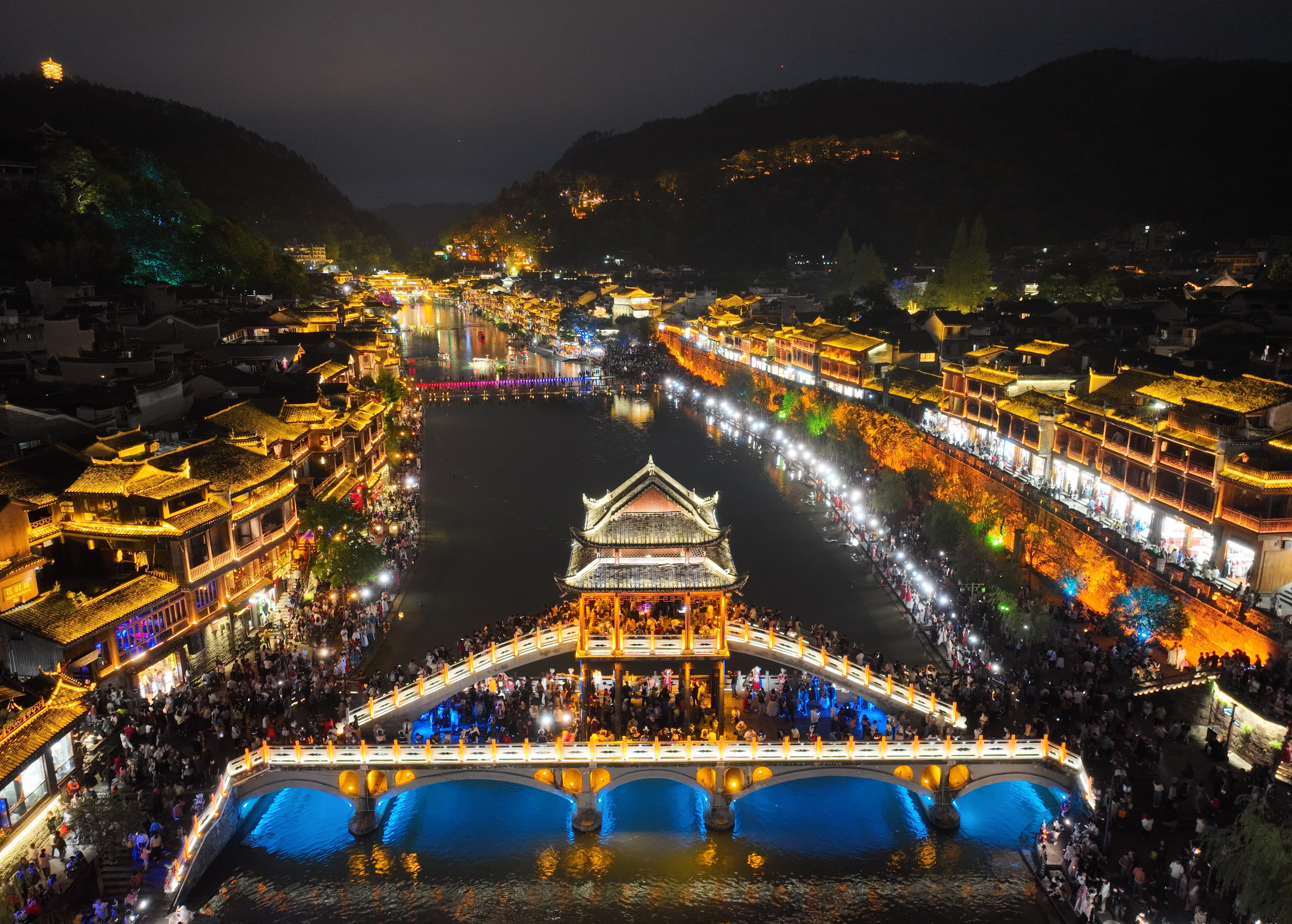Stunning night illumination view of Fenghuang Ancient City