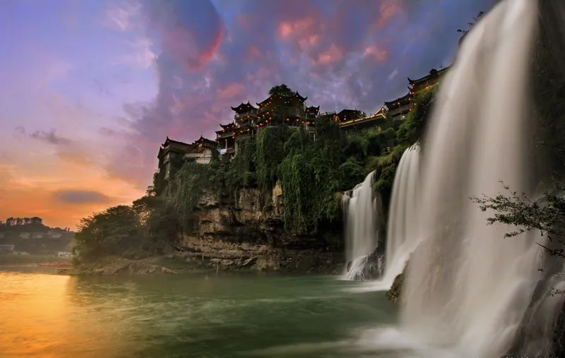 Close view of roaring waterfall